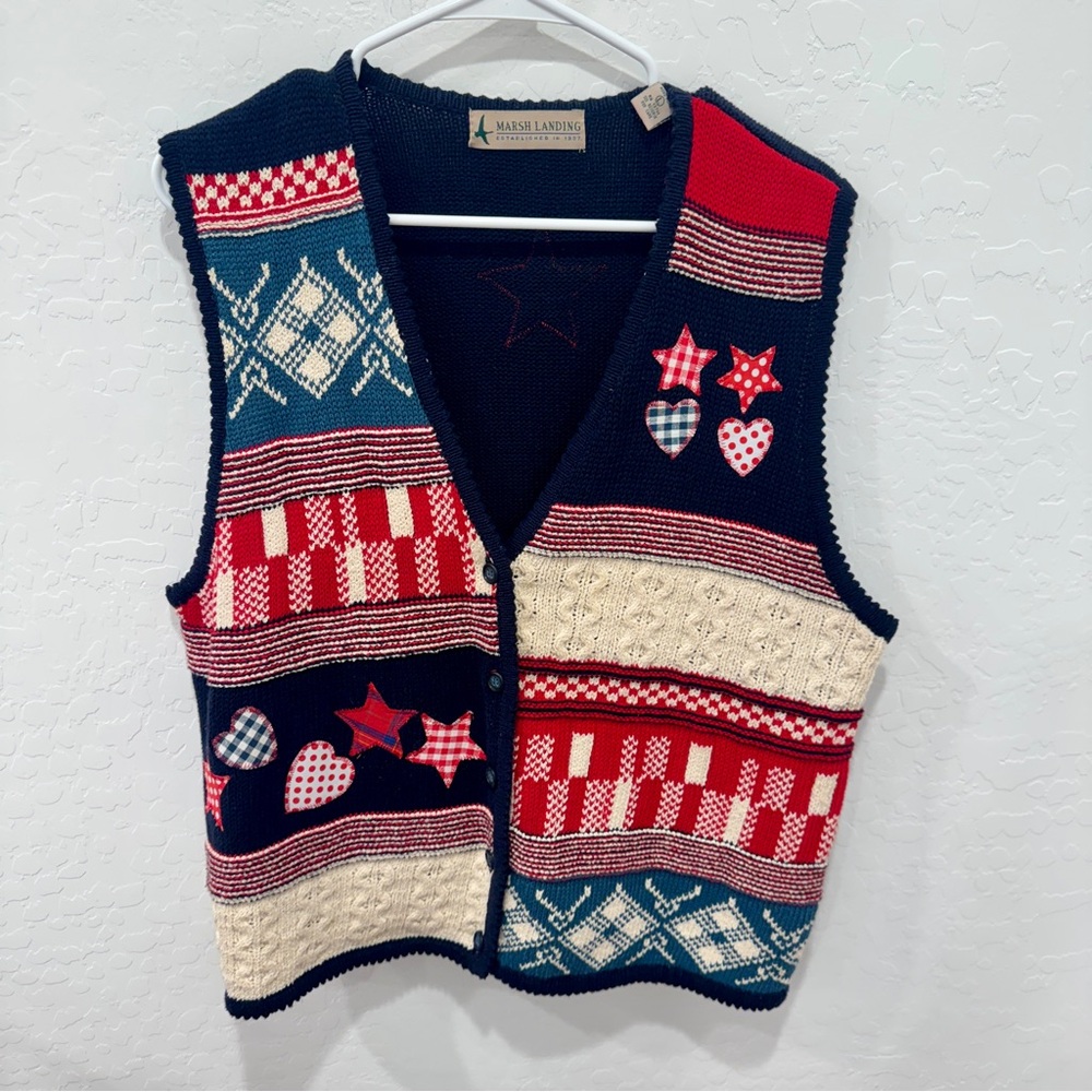 Vintage Knit Cardigan Sweater Vest Large Red White Blue Stars Patriotic 4th July